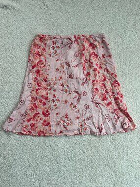 J. Jill Floral Linen Low Rise A-Line Midi Skirt Pink Rose Print Y2K - M